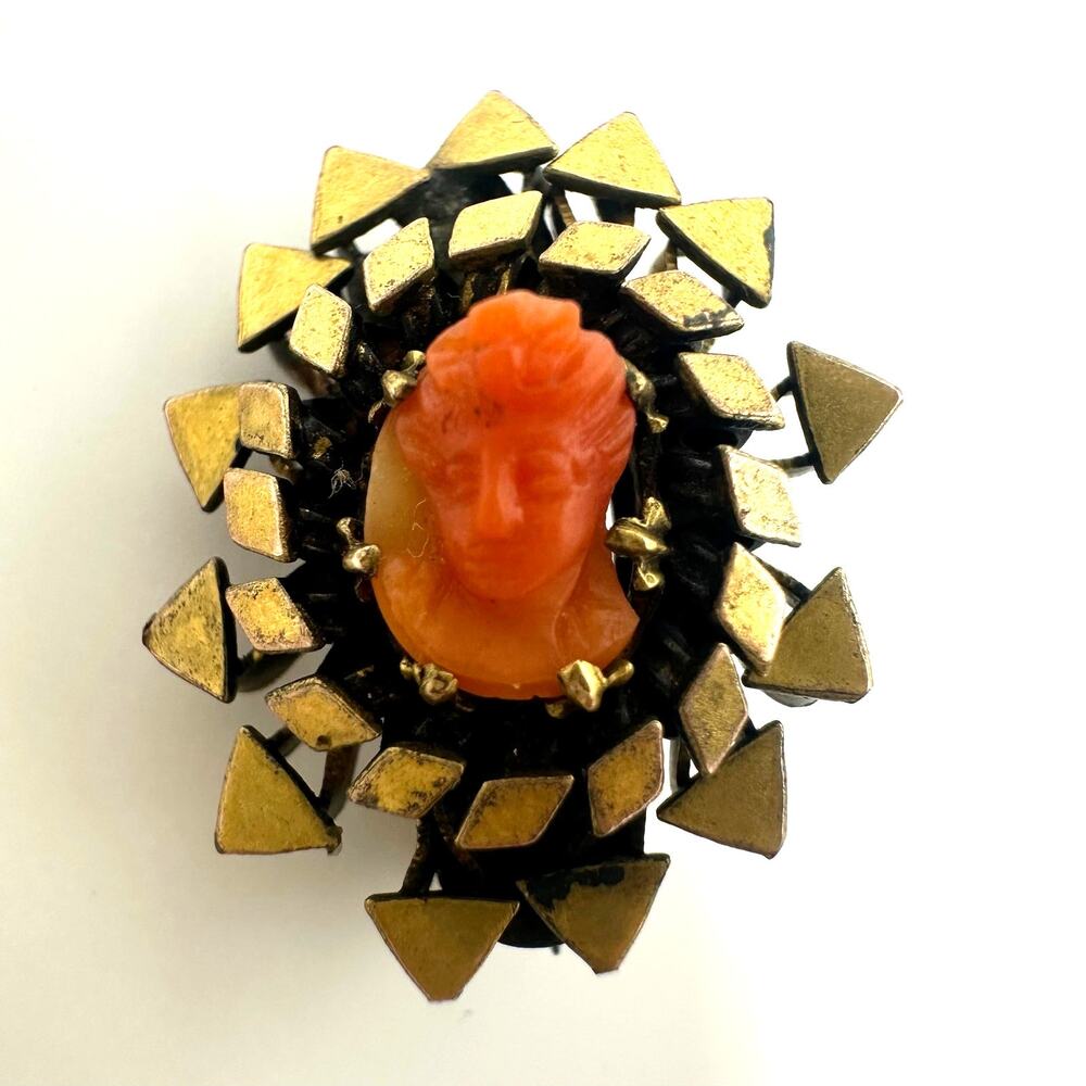Antique Victorian 1800s gold filled carved red coral cameo dainty tiny brooch